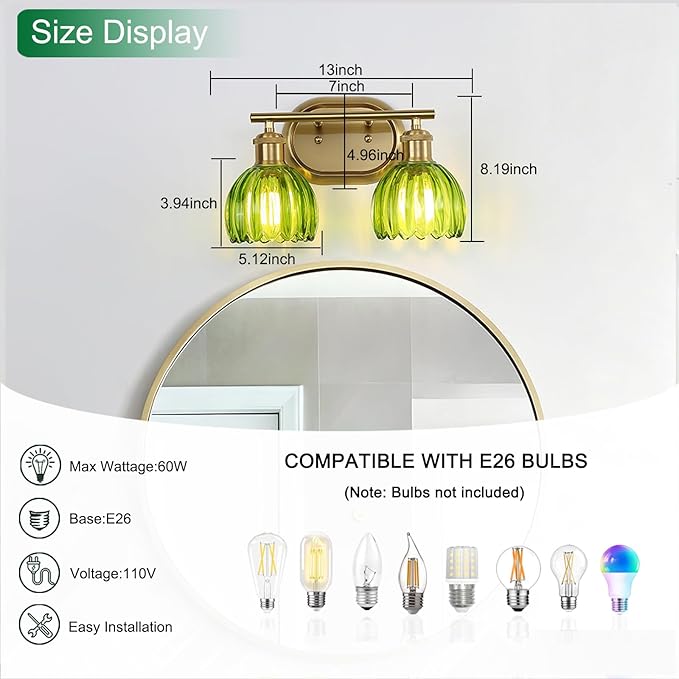 Bathroom Light Fixtures, 2-Light Gold Bathroom Vanity Light with Ribbed Green Tulip Glass Shade, Brass Wall Scone Lighting Over Mirror for Bedroom, Living Room, Hallway