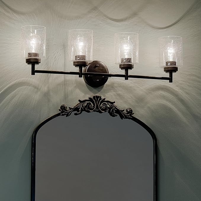 Kichler Winslow 30" 4-Light Bathroom Vanity Light Fixture with Clear Seeded Glass in Black, Modern Industrial Style for Bathroom and Powder Room, (30" x 9.25" x 6.5"), 45887BK