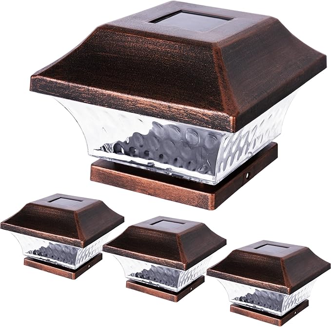 SUNWIND Solar Post Cap Lights Outdoor 4x4 LED Solar Garden Lighting Deck Fence Cap Light Wooden Post Brushed Copper 4 Pack