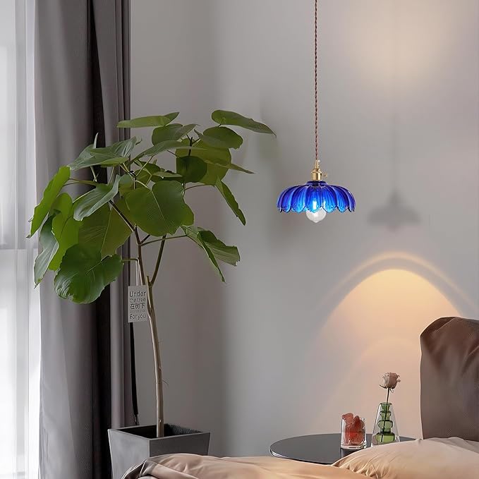 XZHGCEE Plug in Pendant Light: Bule Hanging Light Plug in Fixture Hanging Lamp, Glass Pendant Lighting for Kitchen Island, Bedroom, Dining Room, Living Room, E26 No Bulb