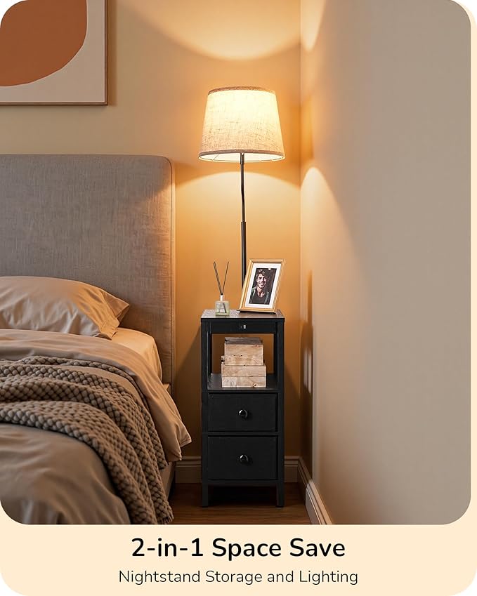 EDISHINE Floor Lamp with Table, USB-A+Type-C Port, Dimmable Bedside Floor Lamp with Shelves, Farmhouse Remote Nightstand Light for Living Room, Bedroom, Den, Office, Kids Room, Bulb Included, Black