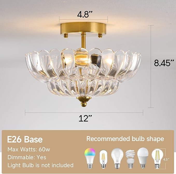 Gold Semi Flush Mount Ceiling Light, 12" Crystal Glass Vintage Light Fixture with E26 Base, 3-Light Modern Close to Ceiling Lamp for Bedroom Hallway Entryway Kitchen