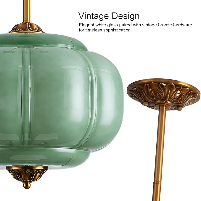15-Inch Vintage Semi Flush Mount Ceiling Light, Green Glass Chandelier with Antique Brass Finish, Mid Century Modern Schoolhouse Pendant Light Fixtures for Kitchen, Hallway, Dining Room