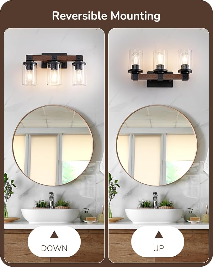 EDISHINE Farmhouse Vanity Lights for Bathroom, 3-Light Bathroom Vanity Light Fixtures Over Mirror, Painted Wood Vintage Bath Wall Sconces Lamp with Bubble Glass Shade for Bedroom, Powder Room