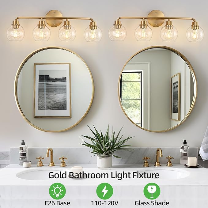 Bathroom Light Fixtures Gold Vanity Light 4 Light Wall Sconces Lighting Brushed Brass Lights with Clear Globe Glass Shades Bath Wall Lamp for Mirror Kitchen Living Room Bedroom Hallway 27 Inch