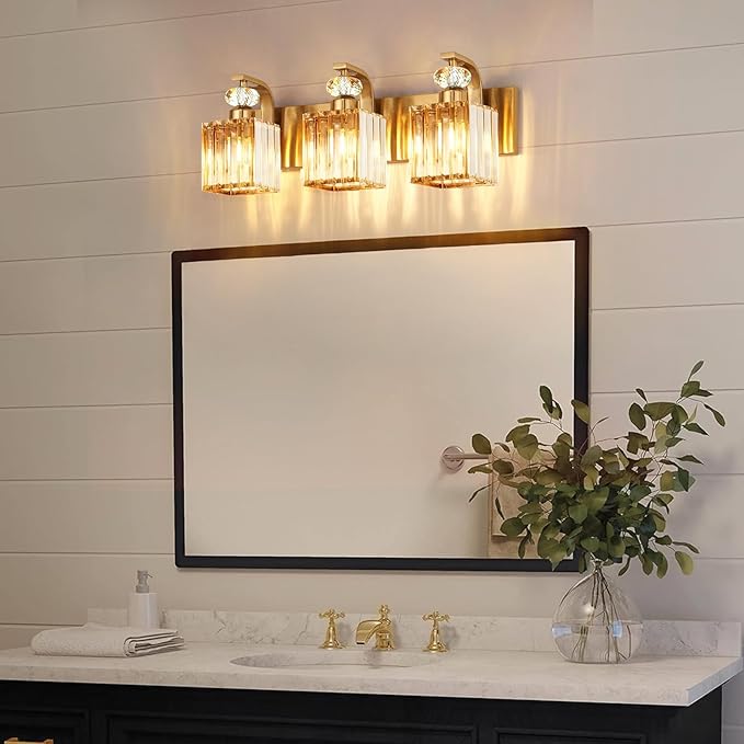 Modern Bathroom Vanity Light, 3-Light Gold Bathroom Lighting Fixtures Over Mirror, 20.5" Crystal Wall Light Sconce for Bathroom/Bedroom/Vanity, Includes LED Bulbs, Easy Installation