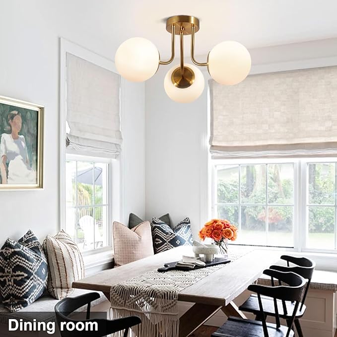 Bektas 3-Lights Semi Flush Mount Ceiling Light Fixture Brushed Gold Light Fixture Bend Modeling with Milk Glass Globe for Bedroom,Living Room,Dinning Room Foyer Hallway