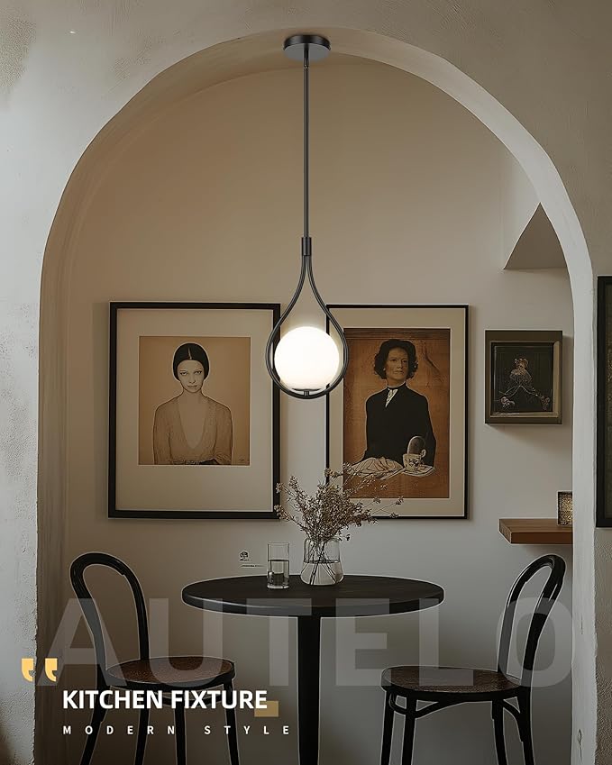 AUTELO Black Pendant Lights Kitchen Island, 1-Light Pendant Lights with Milky White Globe Glass, Modern Pendant Light Fixtures, Black Hanging Lamp for Kitchen Island H9377 MGBK