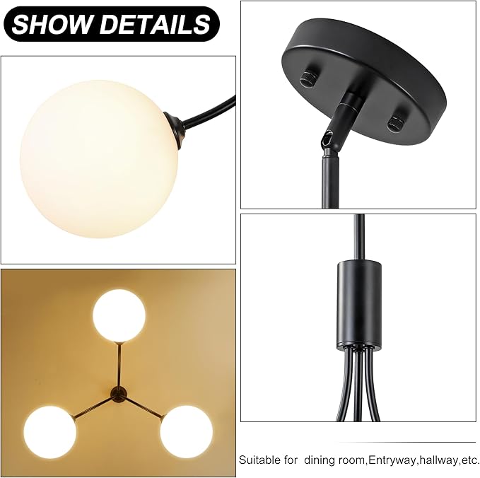CNRATYE 3-Light Modern Farmhouse Black Chandeliers for Entryway, Mid Century Milk Globe Sputnik Chandelier, Vintage Pendant Lighting for Kitchen Island Dining Room Foyer Bedroom Bathroom