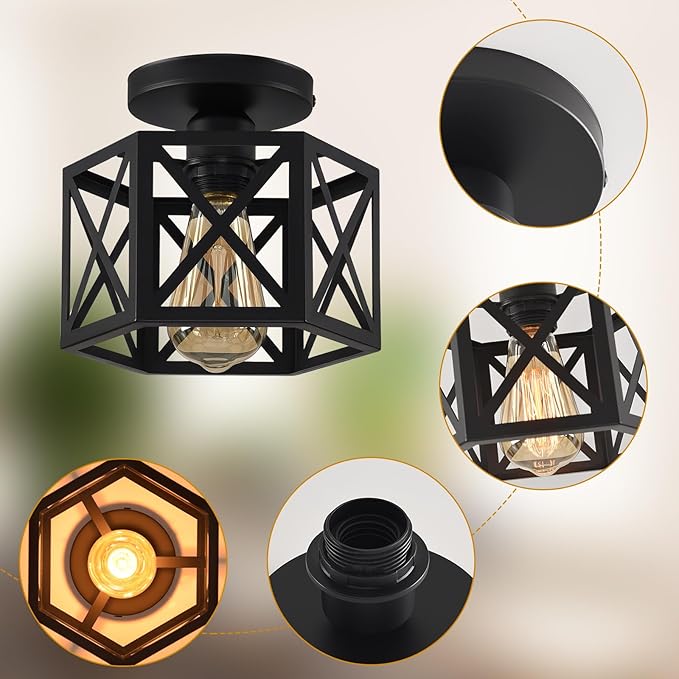 Black Flush Mount Ceiling Light,Hallway Light Ceiling Mount,Industrial Vintage Metal Cage Close to Ceiling Lights for Kitchen,Farmhouse,Bedroom