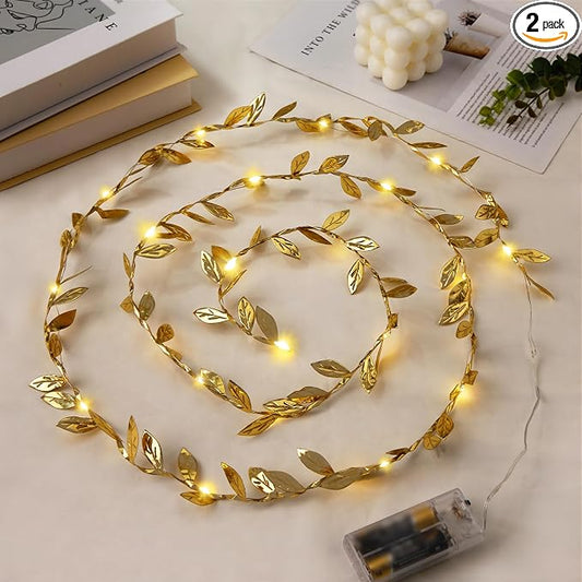 Gold Leaf String Lights Battery Operated, 20LED 6.56ft Fairy Lights with Leaves Vines for Bedroom, Garland Hanging Light for Room Decor Party Wedding Dorm, 2 Pack