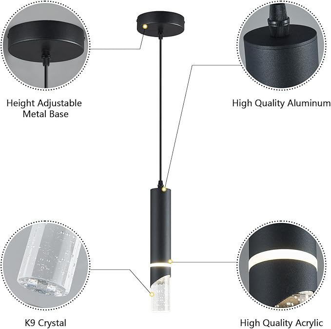 Modern Dimmable Led Pendant Lights Kitchen Island, Ideal for Living Room, Bedroom,Sink 6w LED Crystal Energy-Saving Hanging Lamp for Cozy Lighting (Black 2-Pack)