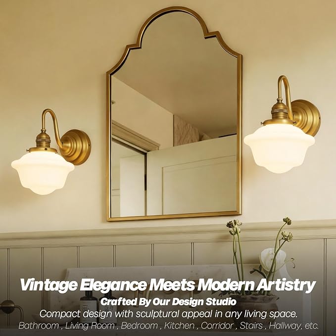Vintage Wall Sconces Antique Brass Gold Bathroom Vanity Light with Milk Glass Hardwire Wall Sconce Light Lamp for Bathroom Mirror Living Room Bedroom Kitchen Indoor