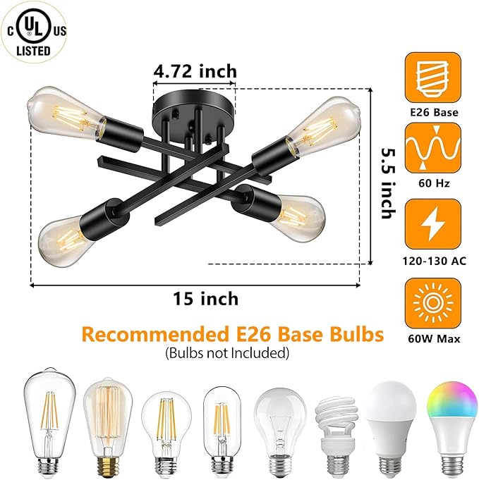 Lomoky Industrial 4-Light Semi Flush Mount Ceiling Light Fixture, Modern Black Close to Ceiling Light, Farmhouse Chandelier Ceiling Lamp for Hallway Kitchen Bedroom Living Room (2 Pack)