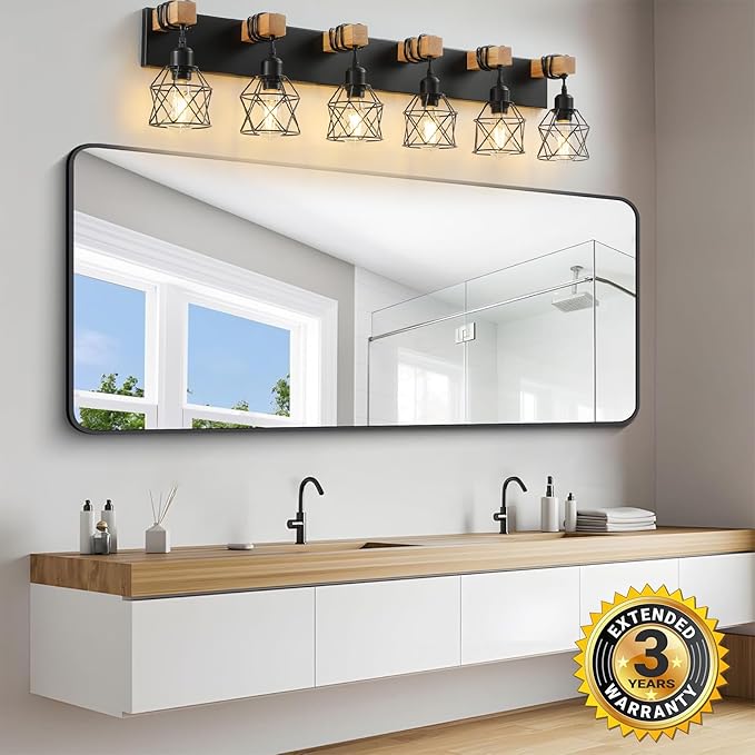 Farmhouse Vanity Light Fixture,6-Light Bathroom Lighting,Black Industrial Wood Wall Light Over Mirror with Metal Shade,LED Bulbs Not Included