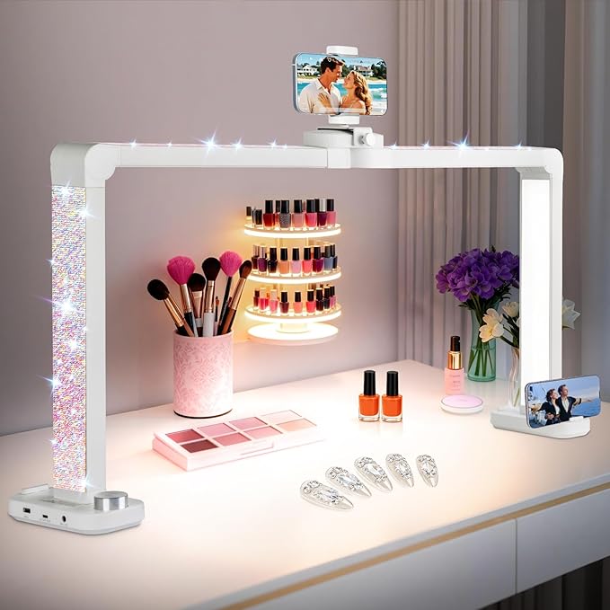 KIRKAS 34inch Large Half Moon Light for Nail Tech with Diamond, 456 LEDs 3 Color Modes Infinitely Knob with Phone Holder Charging Function, Lighted Desk Lamp for Craft White(34inch Large With Diamond)