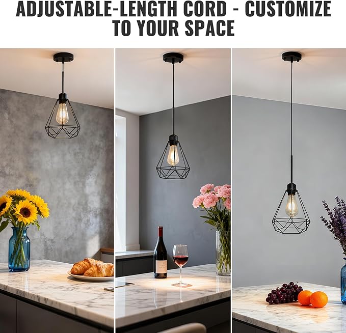 Maliralt Pendant Light Hanging Lights Fixture - Adjustable Hanging Lamps with Black Metal Diamond Shade for Kitchen Island, Dining Room Over Table, Breakfast Corner, Farmhouse Home Decor - 1 Pack