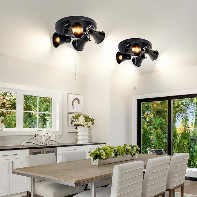 SEEBLEN 4-Light Industrial Track Lighting with Pull Chain On/Off Switch, Adjustable Round Kitchen Ceiling Light, Morden Black Flush Mount Directional Light for Kitchen, Hallway, Dining Room.
