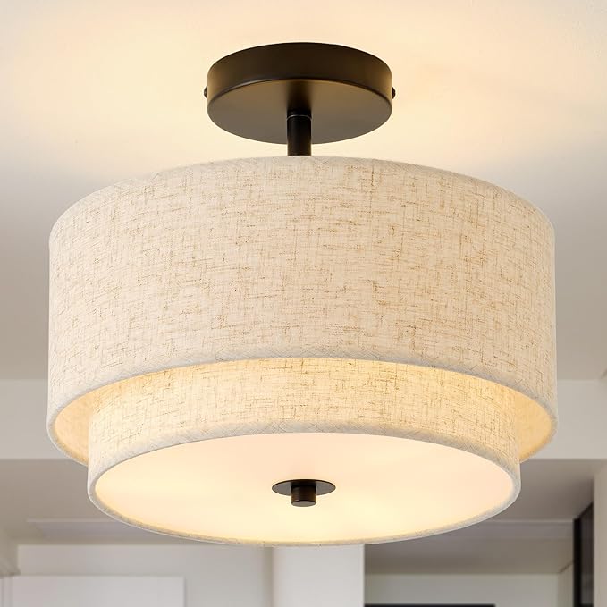 12.6" Flush Mount Ceiling Light Fixture, Black 3-Light Modern Ceiling Light with Fabric Shade in Double Drum-Shape for Bedroom Nursery Living Room Kitchen Island(2-Tier Black)