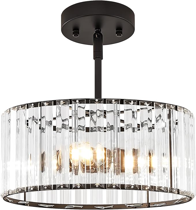 YURNYQ Black Crystal Chandelier, Small Modern Semi Flush Mount Ceiling Chandelier Light Fixtures, Round Hanging Lighting Fixture for Kitchen Bedroom Hallway Entryway Laundry Room, 3-Light, 11.8 Inch