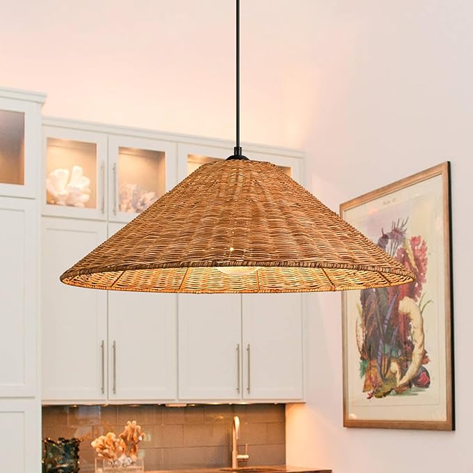 23.6'' Large Weaving Rattan Chandelier, Coastal Chandelier Hand Woven Rattan Dome Pendant Lighting Fixture Farmhouse Natural Basket Hanging Light