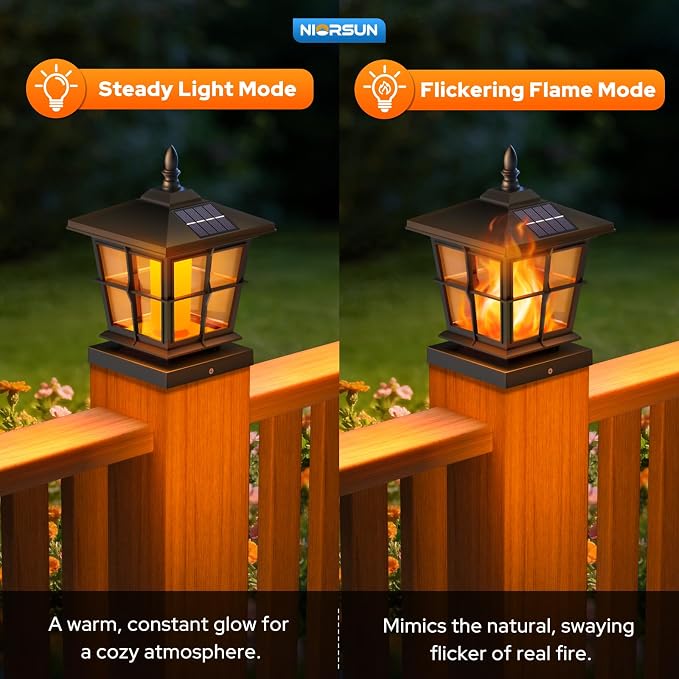 NIORSUN Solar Post Lights Outdoor, Fence Post Solar Lights with Flickering Flame Light, Waterproof, Garden Patio Fence Deck Decor, 4x4 Posts Caps, 4x4, 5x5 Wooden & Vinyl (2 Pack, Black)