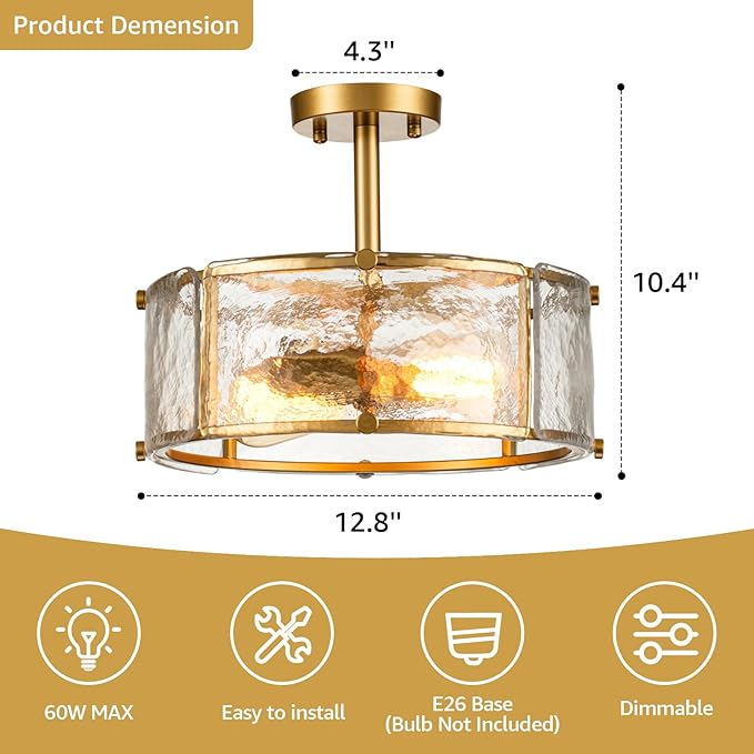 12.8" Modern Gold Semi Flush Mount Ceiling Light Fixture, 2-Light Glass Drum Ceiling Light, Small Hammered Glass Ceiling Lights for Dining Room Foyer Kitchen Hallway Entryway