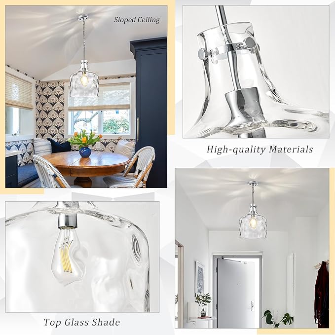 CATINER Extra Large 16" Vintage Farmhouse Pendant Light – Hand-Blown Clear Hammered Glass Shade, Adjustable Chain Hanging Light for Kitchen Island, Hallway, Dining Room, Chrome
