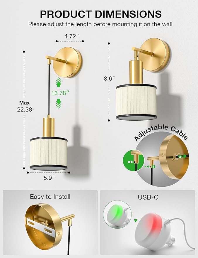 NIORSUN Battery Operated Wall Sconce Set of 2, Black Gold & Off-White Wireless Rechargeable Wall Lights with 5200mAh Dimmable Detachable Bulbs and Remote, 9 Colors Sconces Wall Decor for Living Room