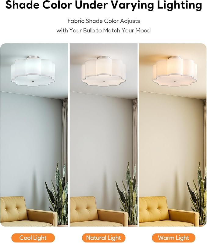 VONLUCE Semi-Flush Mount Ceiling Light, 15.7" Modern 3-Light Ceiling Light Fixture with White Petal-Shaped Shade 3 E26 Sockets for Bedroom Entryway Living Room, Nickel Finish, ETL Certificated
