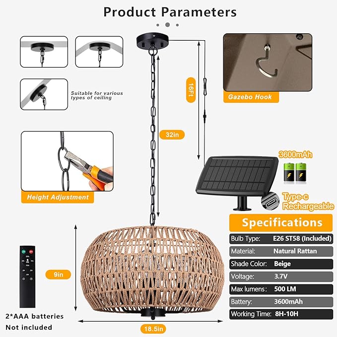 Outdoor Solar Chandelier, 4-Light 19" Rattan Outdoor Chandelier, Hanging Pendant Lights, Waterproof, for Gazebo, Pergola, Porch, Patio