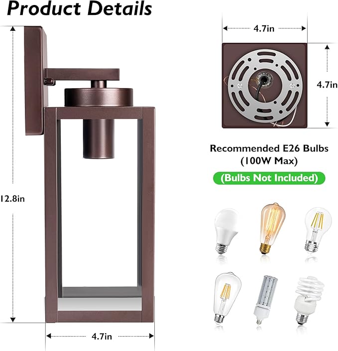 BesLowe Outdoor Wall Light Fixtures, Exterior Waterproof Wall Lanterns, Brown Porch Sconces Wall Mounted Lighting with E26 Sockets & Glass Shades, Modern Wall Lamps for Patio Front Door Entryway