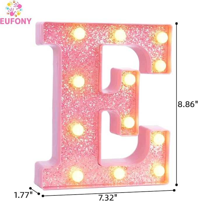 Pink Marquee Light Up Letters, Glitter Alphabet LED Letter Lights for Pink Birthday Party Decorations, Battery Operated Letter Sign for Girls Room Vanity Table Decor, Warm White Lights Letter E