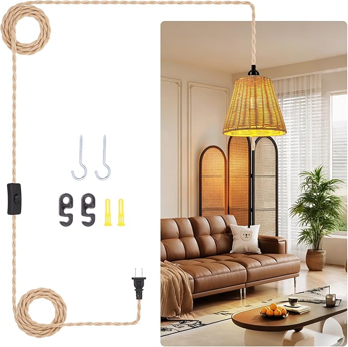 Pendant Light Hanging Lights 15ft Plug in Pendant Light - Hanging Light with On Off Switch Plug in Cord Pendant Light Fixture E26 E27 Light SocketCord for Bedroom Living Room ( 4-Wicker Lampshade)
