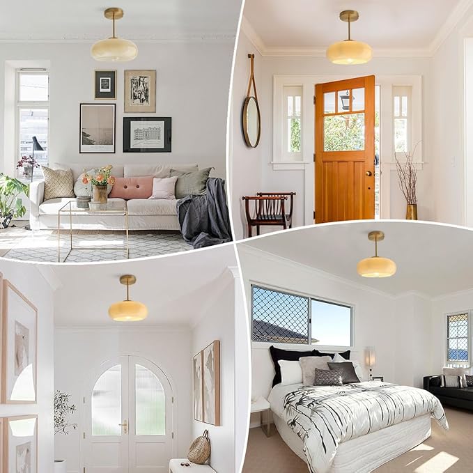 Mid Century Ceiling Light Fixtures Milk Glass Ceiling Lights Round Milk Yellow Shade Gold Brass Semi Flush Mount Ceiling Light Globe Glass Ceiling Lamp for Hallway Dining Room Kitchen
