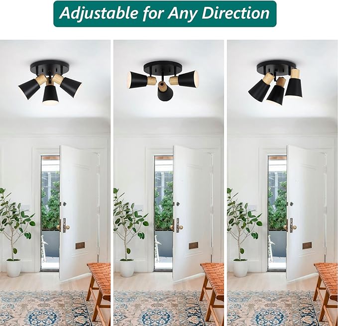 Industrial Flush Mount Ceiling Light Fixture, 3-Lights Multi-Directional Rotating Ceiling Lamp, Metal Black Kitchen Light Fixtures Ceiling Mount, Vintage Bedroom Ceiling Lights for Hallway Living Room