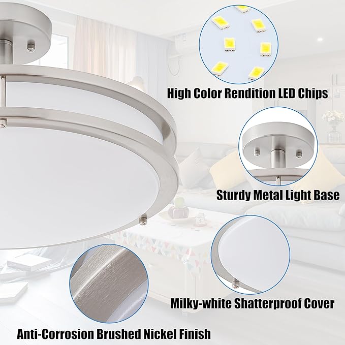 16 Inch LED Semi Flush Mount Ceiling Light, 24W Dimmable LED Ceiling Light, 1450LM Brightness, 4000K Neutral White, Brushed Nickel Lighting Fixture for Bedroom, Hallway, Kitchen, cETL Listed