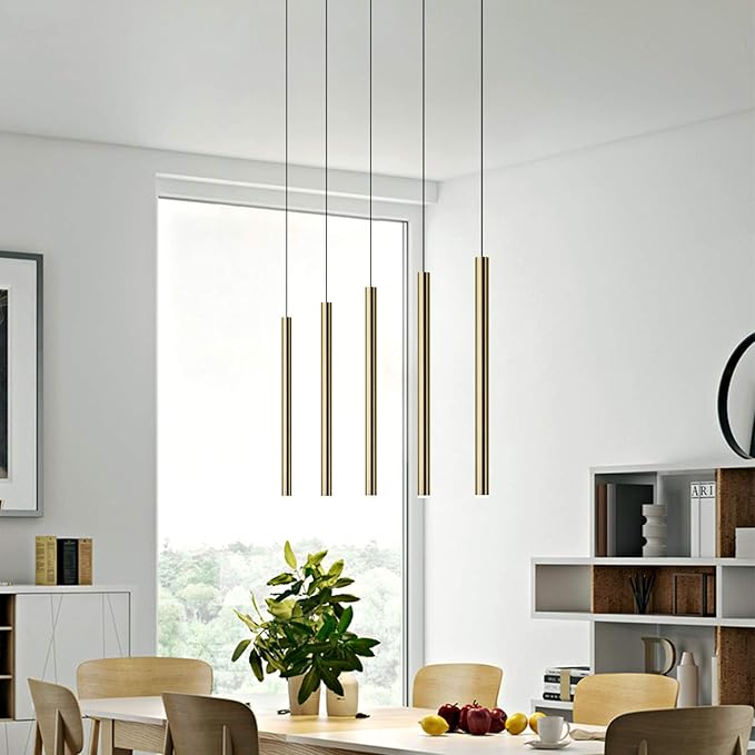 CANALIS 5 Mini Pendant Lighting Brass - LED Hanging Light Fixture for Kitchen Island, Bar, Foyer - Cluster Pendants - Dimmable, Adjustable Wire, Lamp Bulb Included