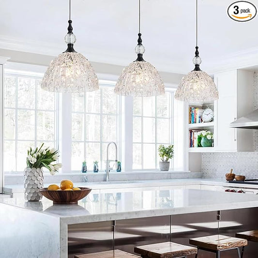 Modern Black Clear Glass Pendant Light 7.68 inch Small Kitchen Island Hanging Light Fixture with Crystal for Sink Bar Dining Room Bedside Set of 3 lámparas colgantes para isla de cocina