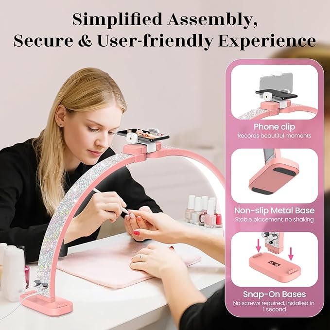 Half Moon Light for Nail Tech: 31 inch Lash LED Lamp with Phone Holder - 48W Foldable Arch Lights for Eyelash Tech - Manicure Handicraft Lighting for Spa,Salon