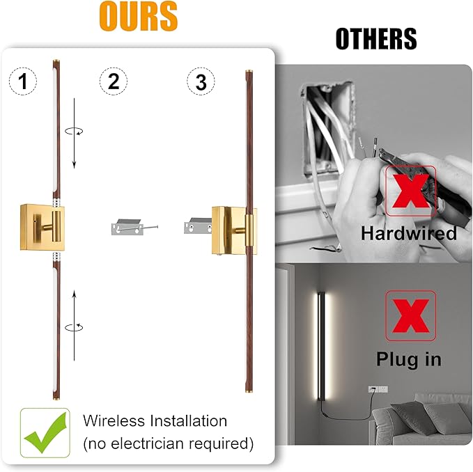 Morauroral Walnut Battery Operated Wall Sconce with Remote Control, Rechargeable Wall Sconces Set of 2, LED Wireless Wall Light, 24″ Modern Sconce Wall Decor for Background Wall, Bedroom, Living Room