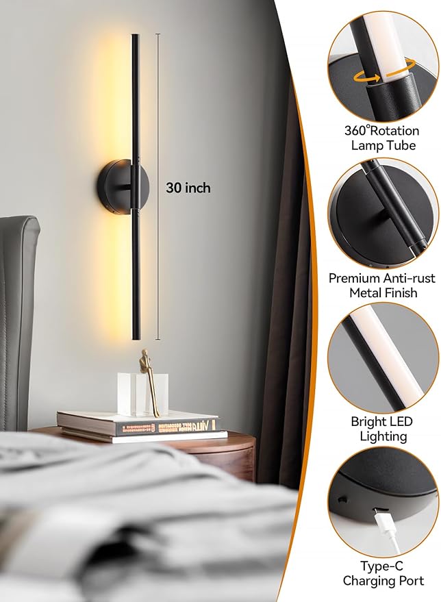 Battery Operated Wall Sconces Set of 2, Rechargeable LED Wall Lights with Remote & Touch Control, 350° Rotatable, 30 Inch Black Dimmable & Timer Modern Wireless Wall Lamps for Bedroom Living Room
