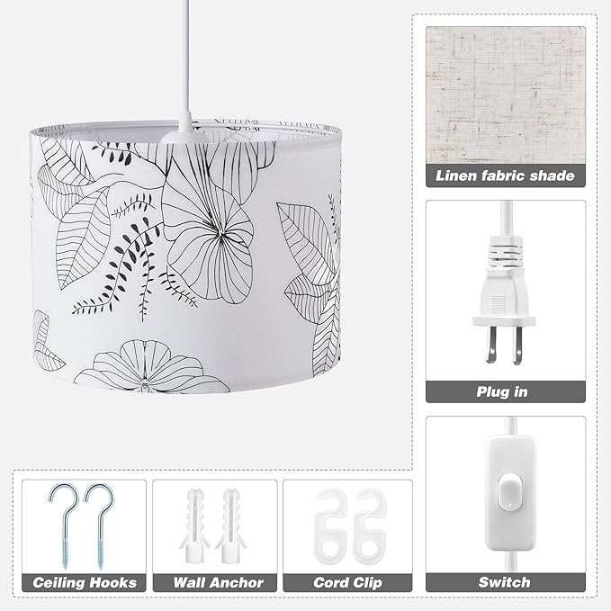 KUAUGST Plug in Pendant Light, 15 FT Hanging Lamp with Plug in Cord, On/Off Switch, Pendant Lighting with Fabric Shade, Hanging Light Fixture for Living Room, Bedroom, Dining Room, Kitchen
