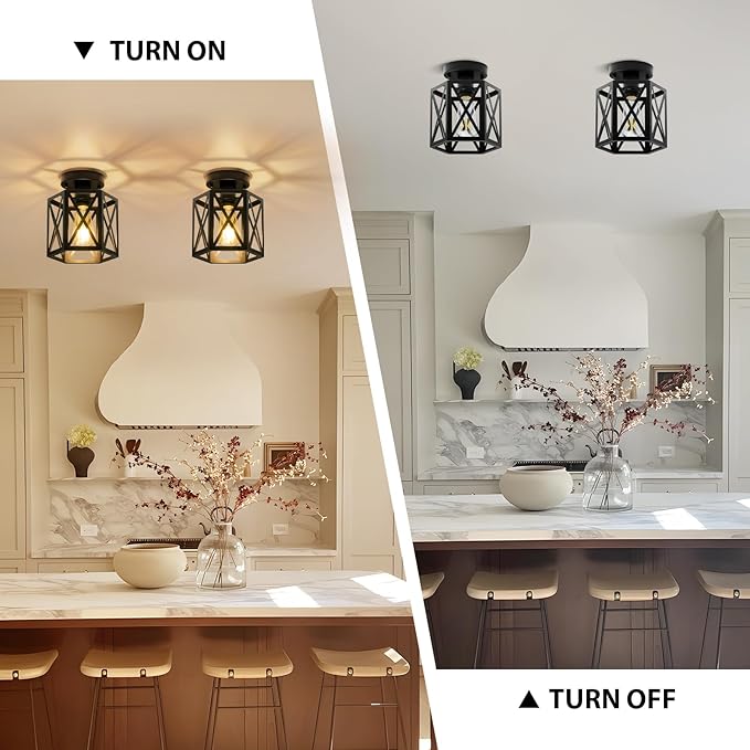 Modern Semi Flush Mount Ceiling Light,1-Light Hexagon Flush Mount Ceiling Lights for Dining Room Light Fixture,Farmhouse Black Metal Kitchen Island Lighting Fixtures for Hallway,Bathroom