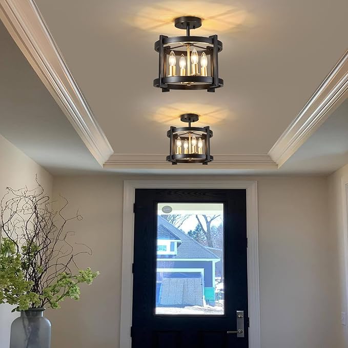 MEIXISUE 4-Light Semi Ceiling Light Flush Mount BK+GD Farmhouse Rustic Vintage Antique Ceiling Light Fixture for Hallway Entryway Gazebo Kitchen Dining Room Bedroom UL Listed