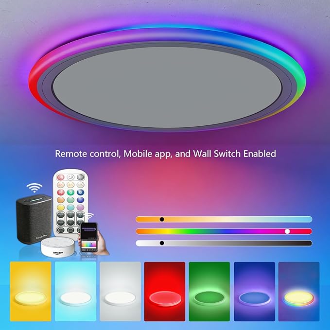 RGB Led Ceiling Light 12 Inch - RGB Rear Color, Flush Mount Ceiling Light for Bedroom Living Room,White, 2-Pack