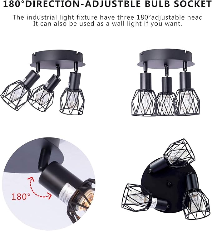 Industrial Semi Flush Mount Ceiling Light, 3-Light Multi-Directional Ceiling Light Fixtures, Vintage Black Metal Wire Cage Farmhouse Pendant Lighting for Kitchen Dining Room Hallway Foyer Bedroom E26