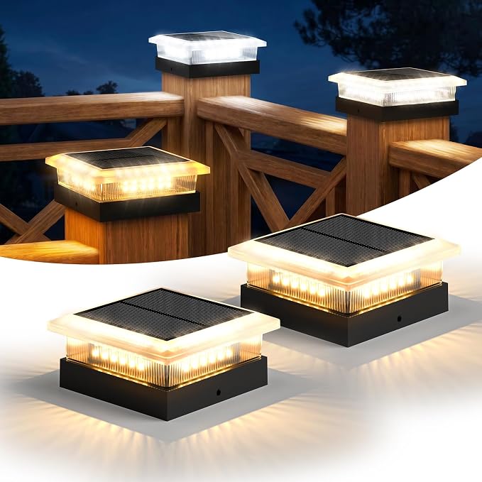 4x4 96 LED Post Solar Lights 2 Pack, 4 Lighting Modes Solar Post Cap Lights for 4x4 3.5x3.5 Wood/Vinyl Posts, Ip67 Waterproof Fence Deck Post Lights Solar Powered for Patio Porch, Black
