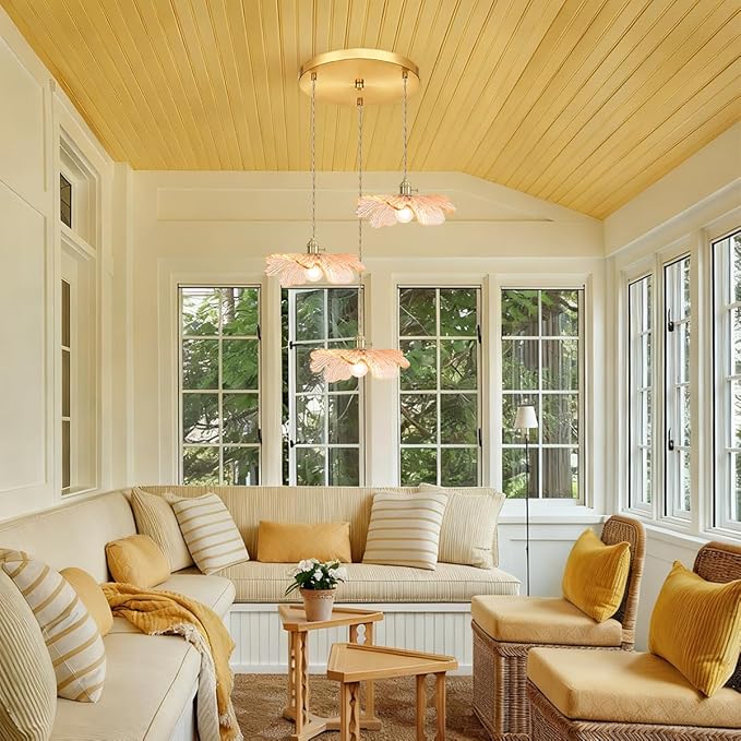 Amber Glass Pendant Chandelier, 3-Light Gold Brass Modern Light Fixture for Kitchen Island, Dining Table, Hallway & Entryway