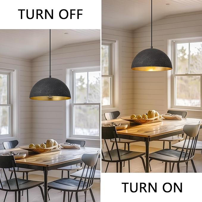 11.8" Farmhouse Pendant Light,Black with Gold Grain Industrial Dome Chandelier 2 Pack,Adjustable Vintage Pendant Lights Kitchen Island for Dining Room,Bedroom,Hallway
